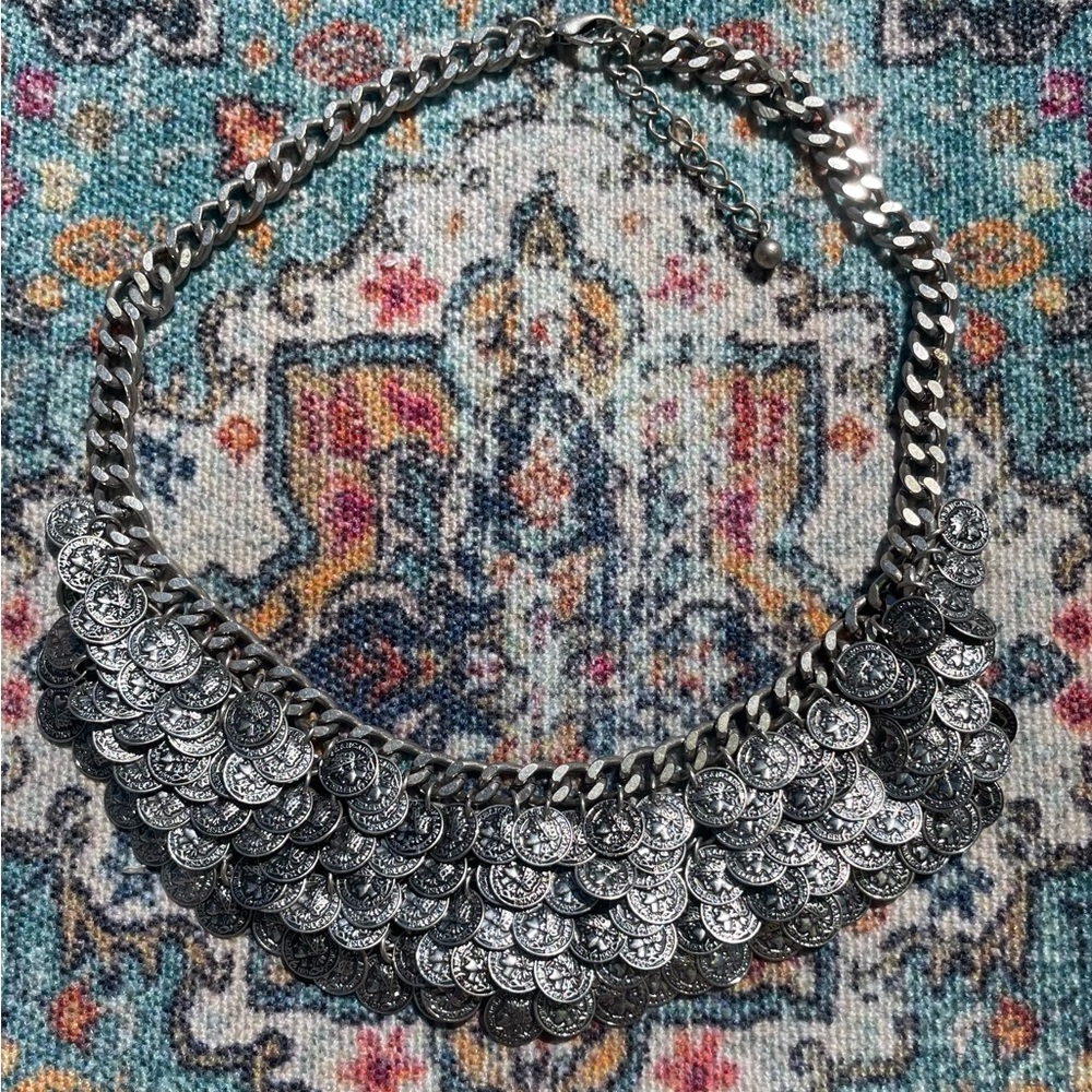 Silver tone boho necklace with layers of miniature coins